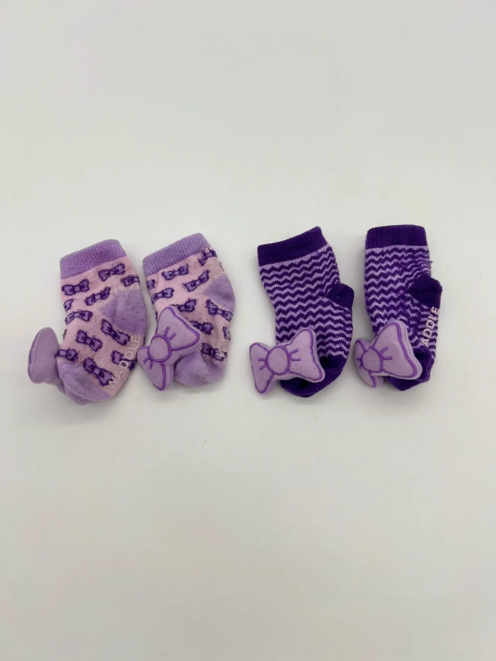 3D Baby Rattle Socks, Full Cushioned, 0-12 Months, Purple Bows 2 pairs